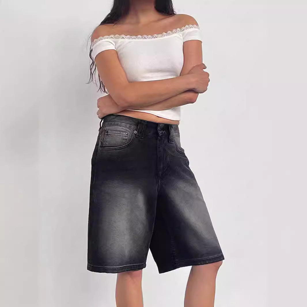 Dame afslappede Denim-shorts med bred pasform og høje sidelommer Skovae