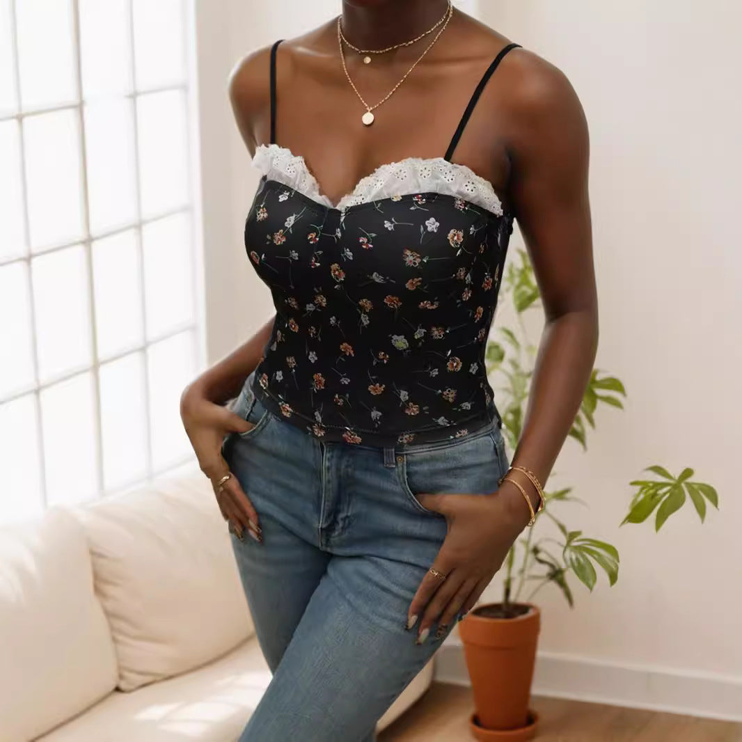 Dame blond cami-top med blomsterdesign Skovae