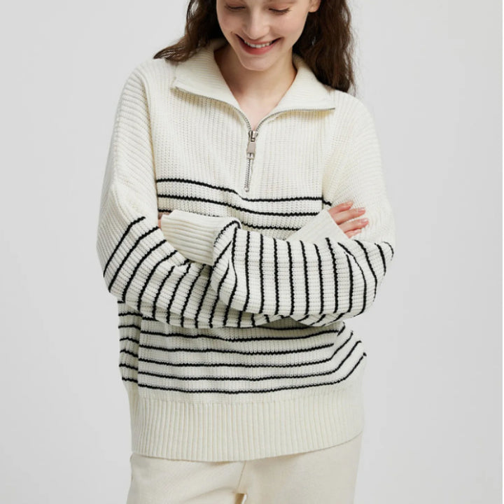 Dame Stribet Pullover med Ståkrave og Lynlås Stilla