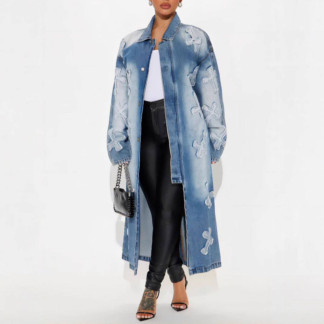 Dame Oversized Jeansjakke med dekorativt broderimønster Stilla