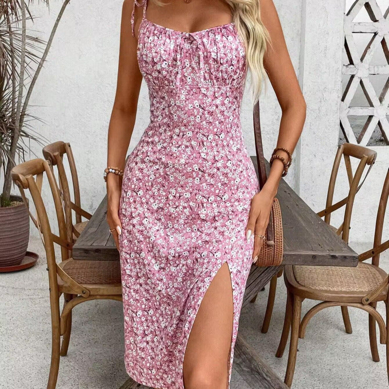 Dame Spaghetti-strop blomster Midi kjole med høj slids Stilla