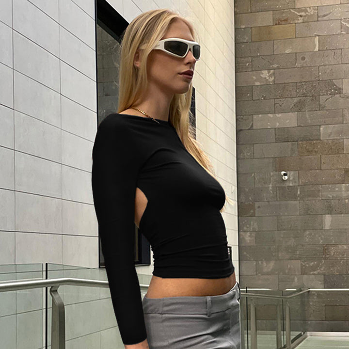 Dame figursyet longsleeve-top med åben ryg og elegant design Skovae