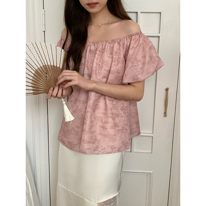 Dame Off-Shoulder Bluse med voluminøse ærmer og blomsterprint Stilla
