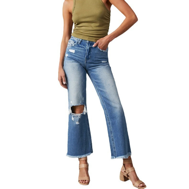 Dame brede jeans med frynset kant Stilla