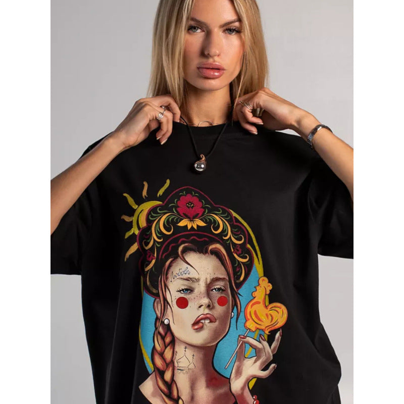 Dame T-shirt med kunstnerisk tryk og afslappet oversized skæring Stilla