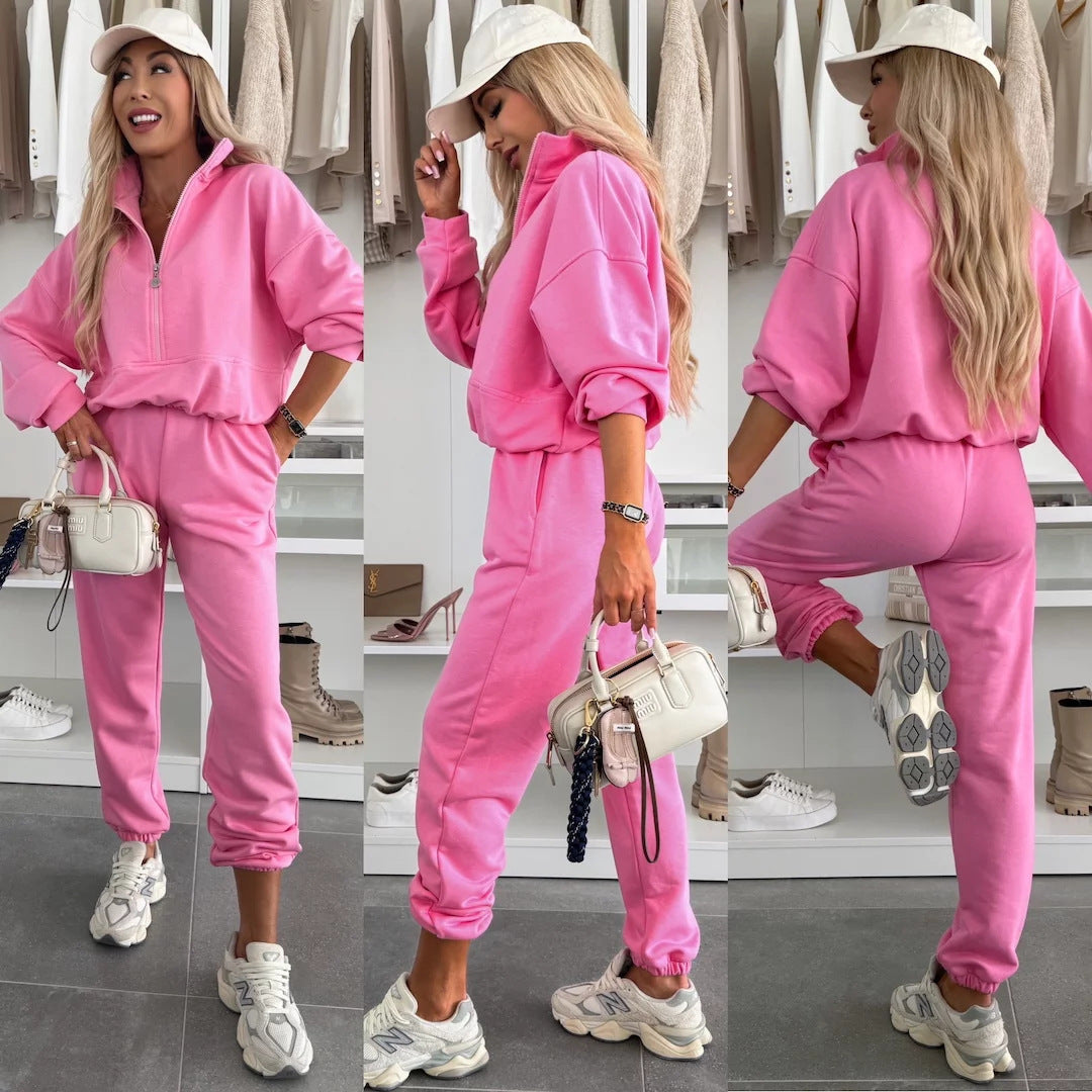 Damer sporty loungewear sæt med modern stå-krave og behagelige lynlås bukser Skovae