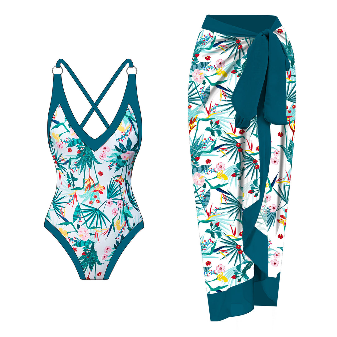Dame badedragt-sæt med blomster-cut-out-design og elegant indpakningsskørt Stilla