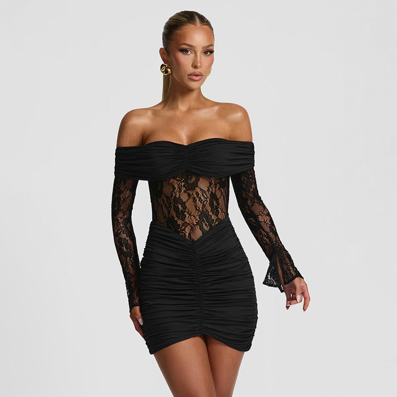 Dame elegant spidse kjole med off-shoulder udskæring og rynker Skovae