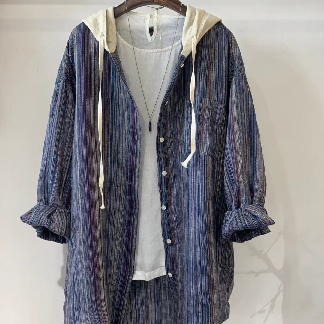 Femme Stribet Overdimensioneret Button-Up Skjorte med Hætte Stilla