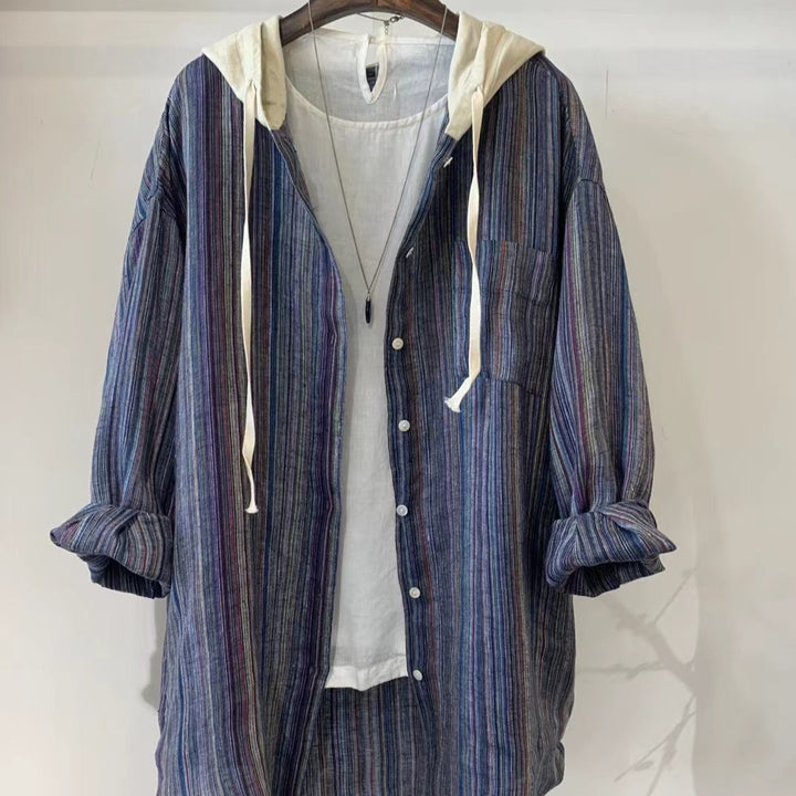 Femme Stribet Overdimensioneret Button-Up Skjorte med Hætte Stilla