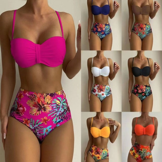 Dame bikini sæt med blomsterdesign og højt skåret taljebuks Stilla