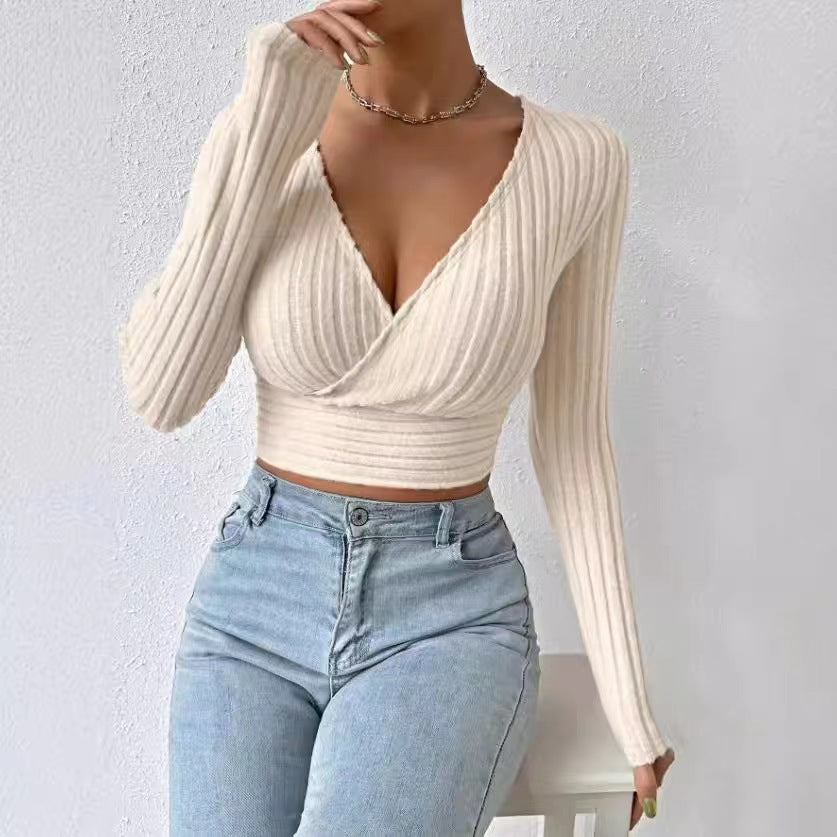 Dame figursyet, langærmet Crop-Top med omslagdesign og ribstruktur Stilla