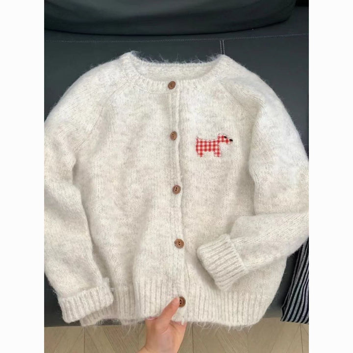 Dame Cozy Knit Cardigan med Dekorativt Hundemotiv Stilla