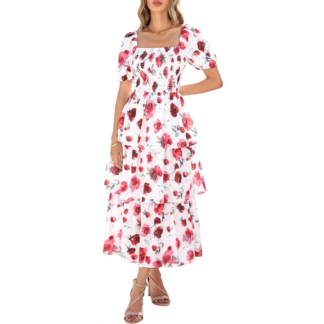 Dame maxikjole med blomster mønstre og puffærmer Stilla