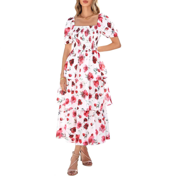 Dame maxikjole med blomster mønstre og puffærmer Stilla