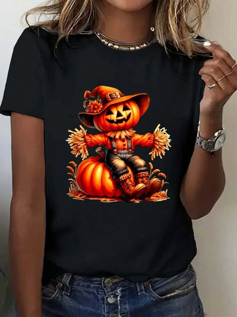 Dame T-shirt med stilfuldt græskar-motiv og spændende dyreprint Skovae