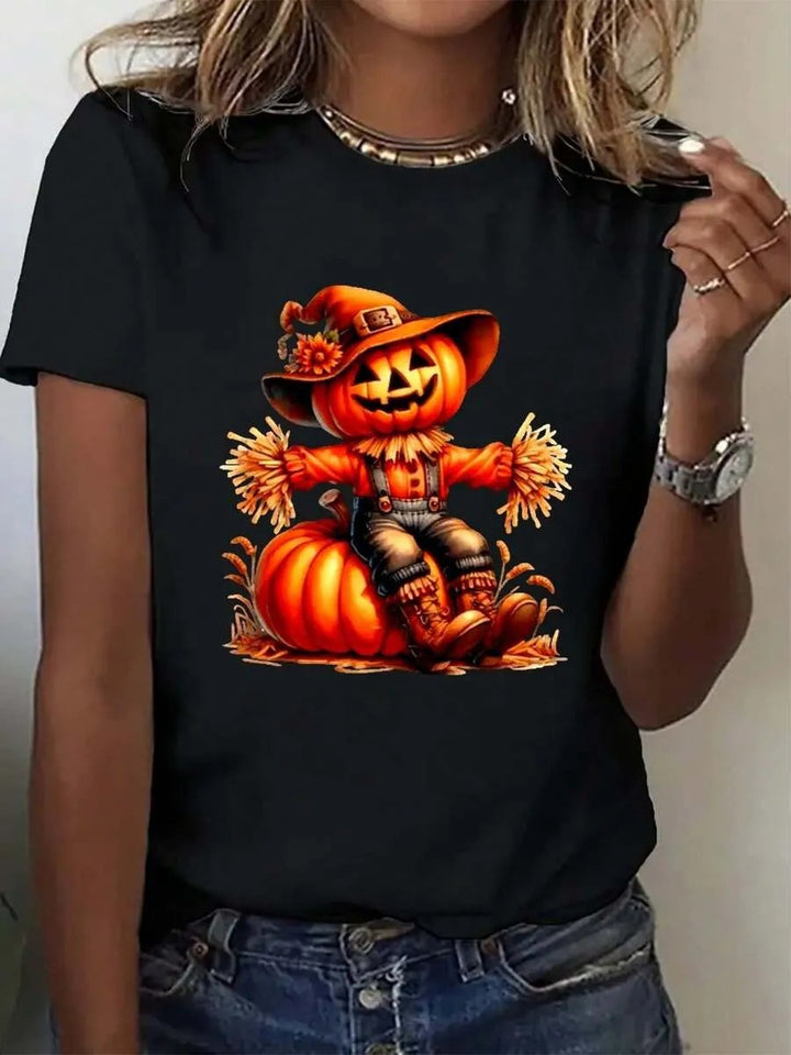 Dame T-shirt med stilfuldt græskar-motiv og spændende dyreprint Skovae