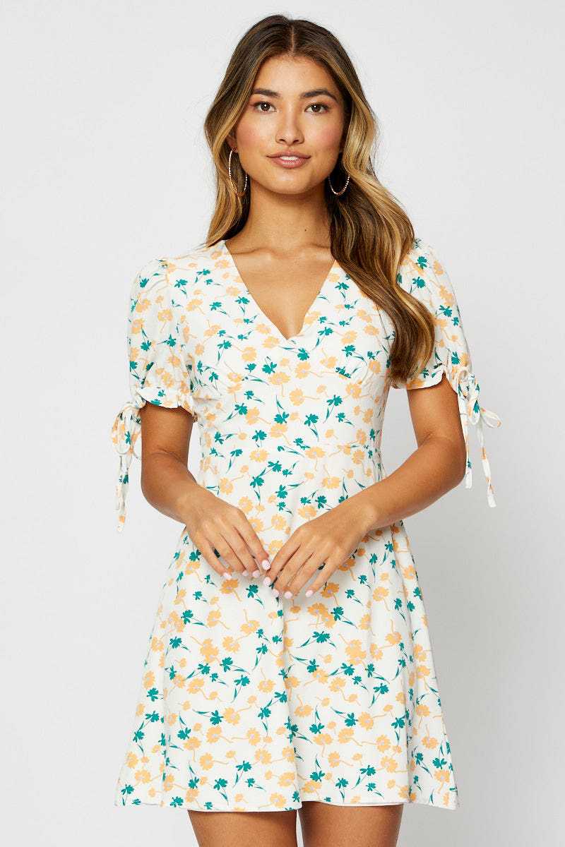 Dame Floral A-Linie Mini Kjole med taljeret Liv og Puffærmer Stilla