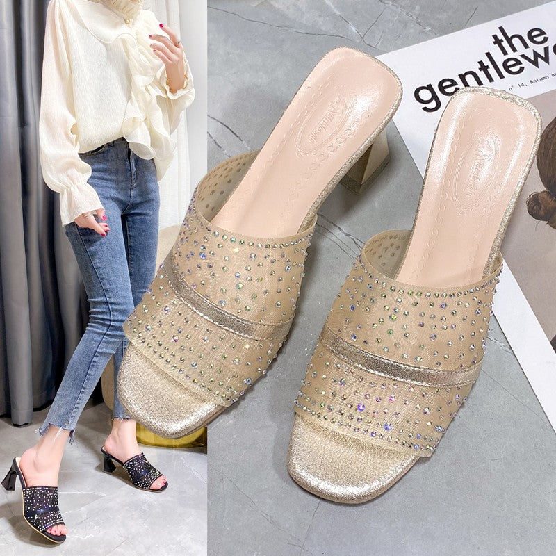 Dame Glamourøse Pantolette med glitrende strassdetaljer og elegant blokhæl Stilla