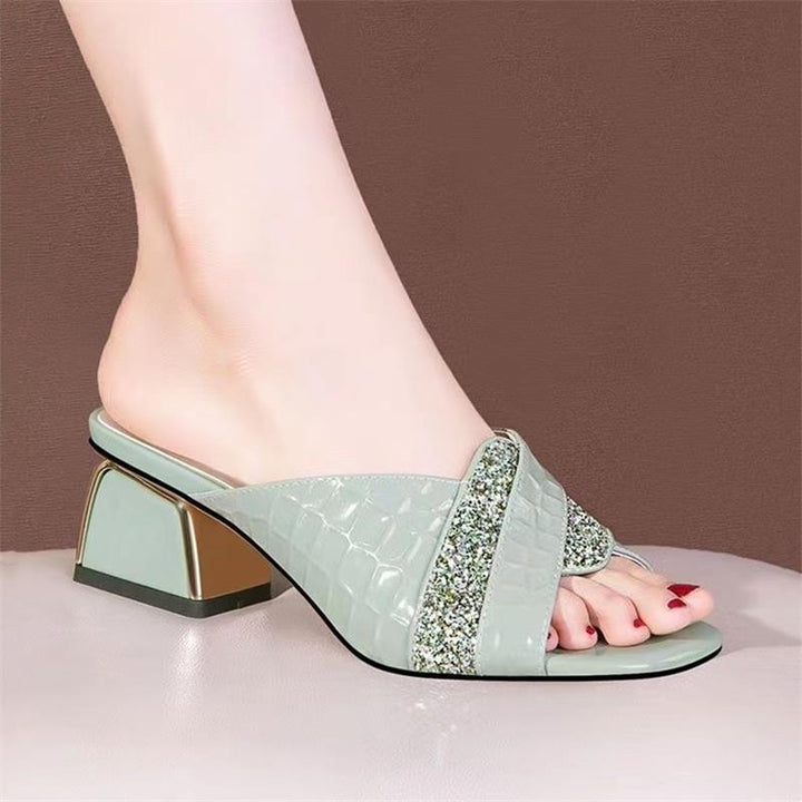 Dame elegante mules med glitrende rem og lav blokhæl Stilla