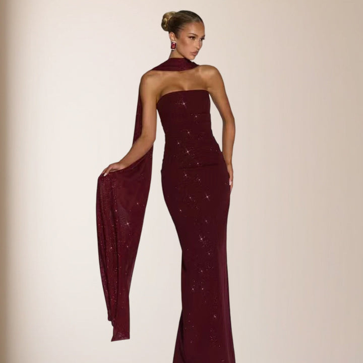 Kvinder elegant aftenkjole med glitrende pailletter og off-shoulder design