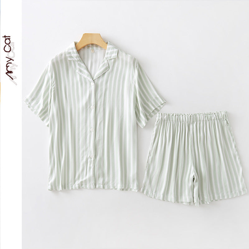 Dame Kortærmet Pyjama-Sæt med elegante striber og elastisk talje Stilla