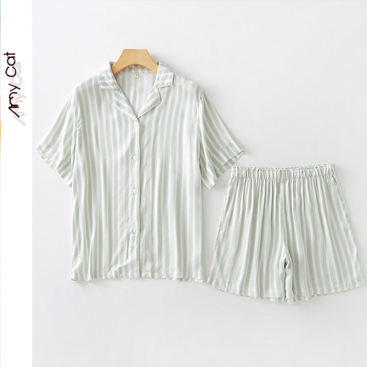 Dame Kortærmet Pyjama-Sæt med elegante striber og elastisk talje Stilla