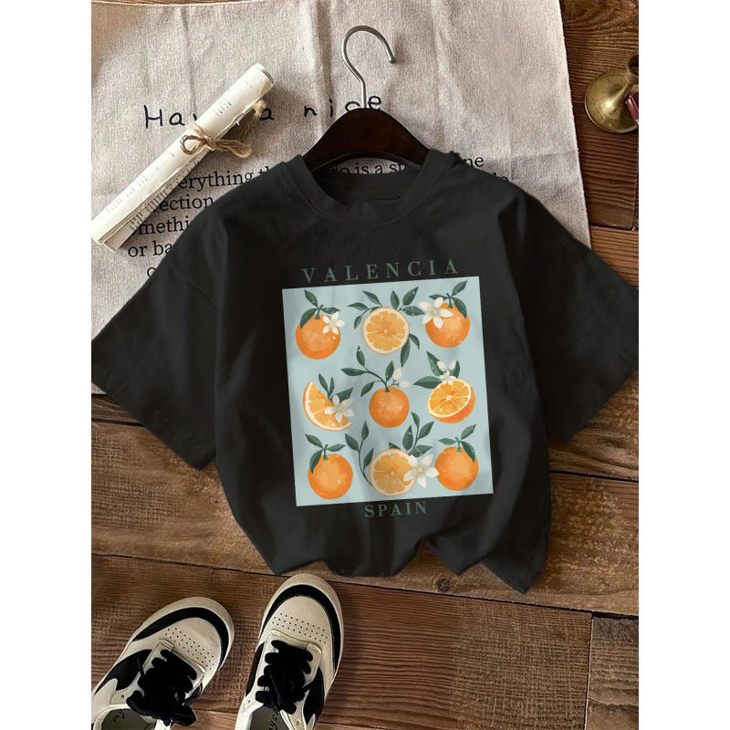 Dame T-shirt med frisk Valencia-appelsinmotiv og blomstertryk Stilla