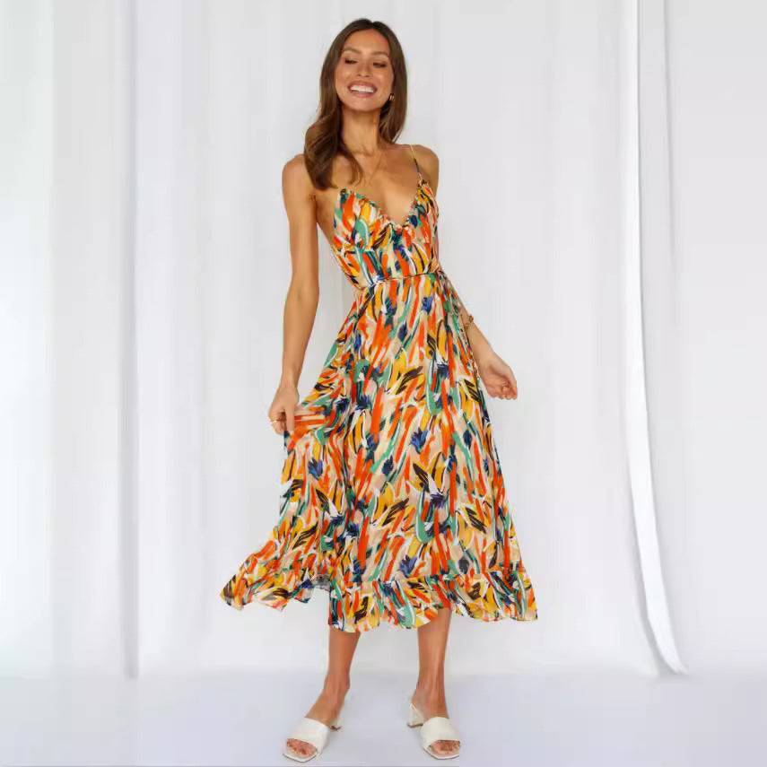 Dame Bohemian Floral Maxi Kjole med justerbare Spaghetti-stropper Stilla