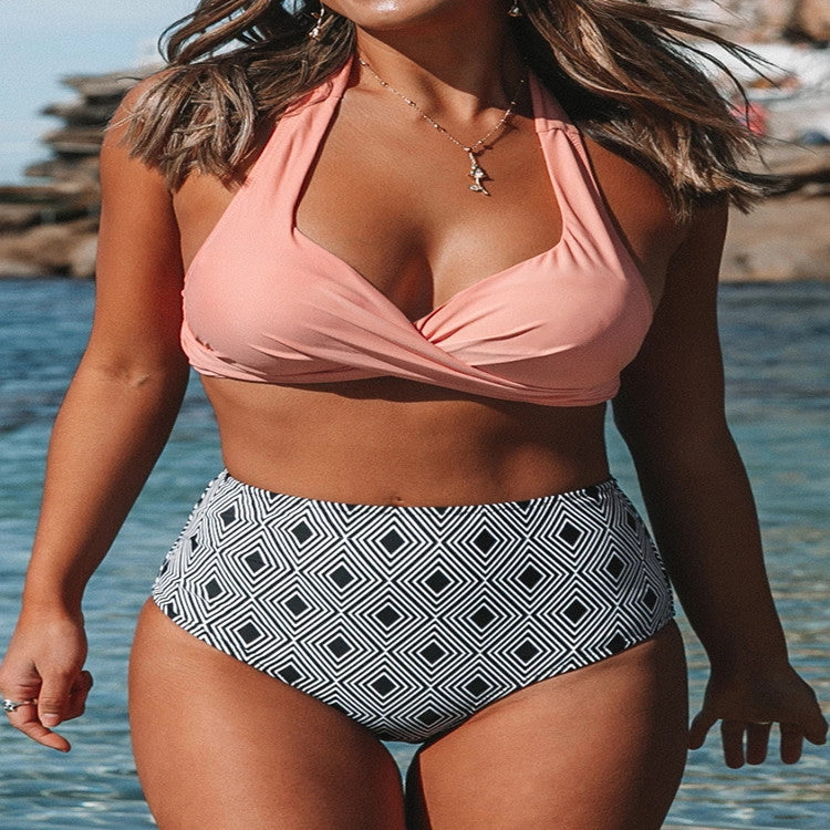 Damer High-Waist bikini-sæt med elegant indpakningsdesign og moderigtigt geometrisk mønster Skovae