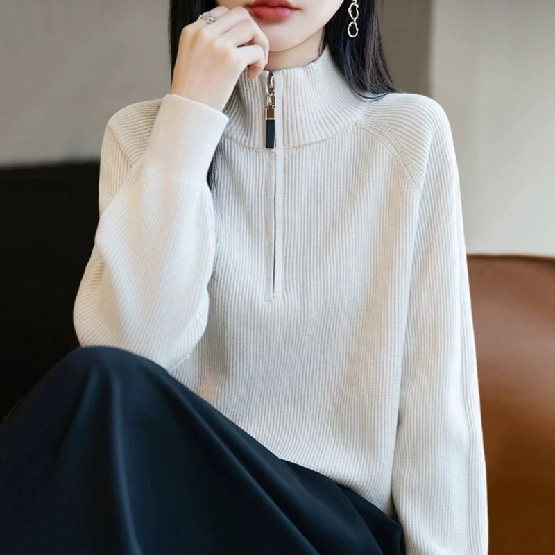 Damer fashionable sweater med høj krave og lynlås Stilla