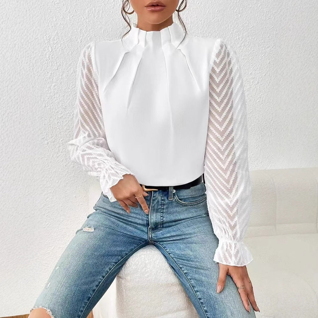 Dame Elegant bluse top med flæse detaljer og gennemsigtige ærmer Stilla