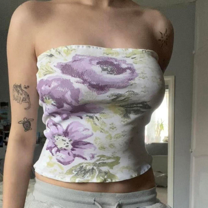 Dame Bandeau-top med floral broderi og elastisk pasform Skovae