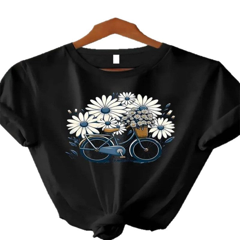 Dame T-shirt med kreativ blomsterdesign og cykelmotiv Stilla