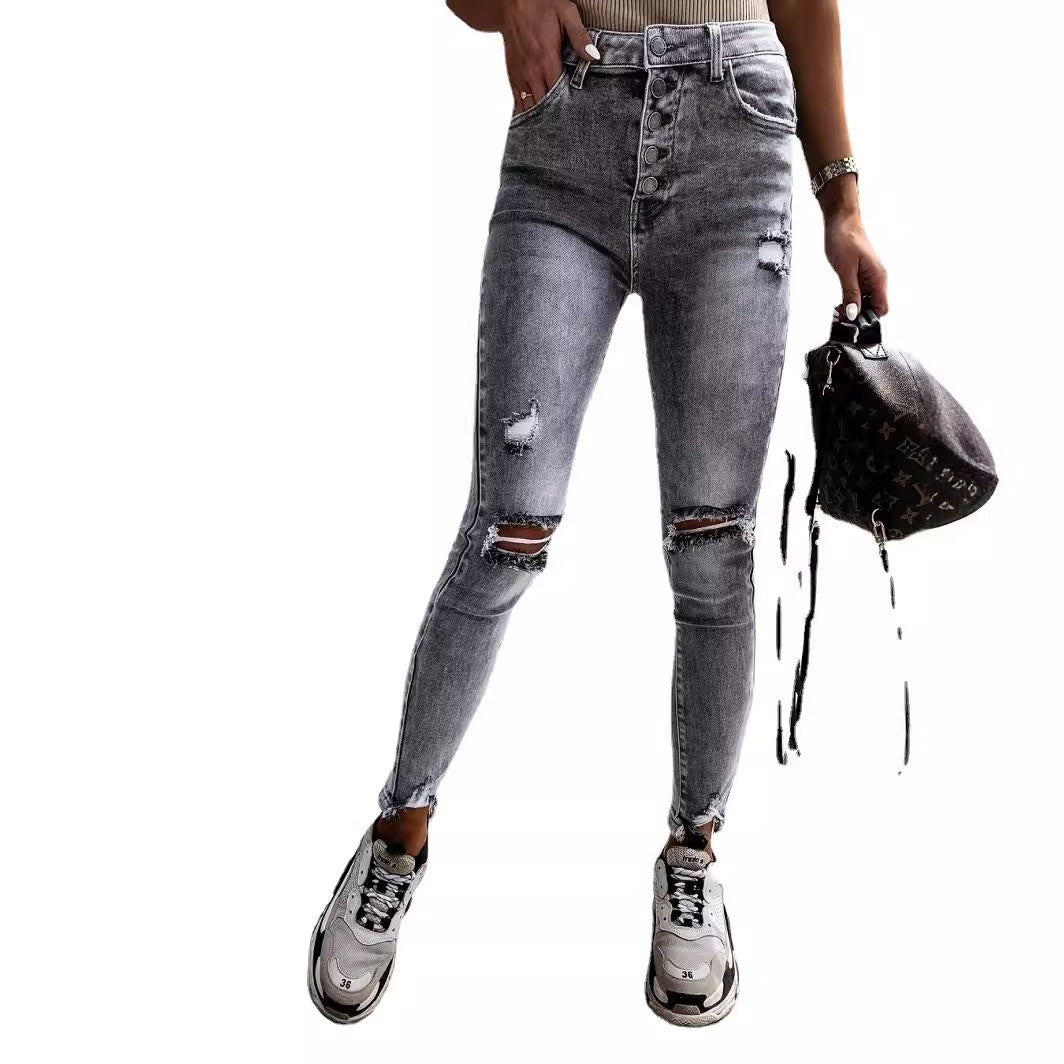 Dame Skinny Jeans med strategiske Ripped-detaljer og høj talje Stilla