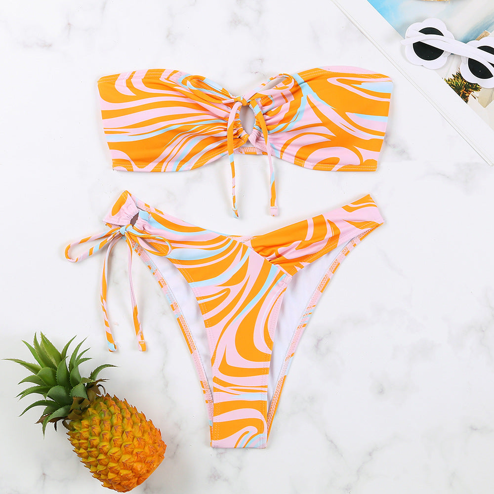 Dame Floral Print Bandeau To-delt Bikini Sæt Stilla