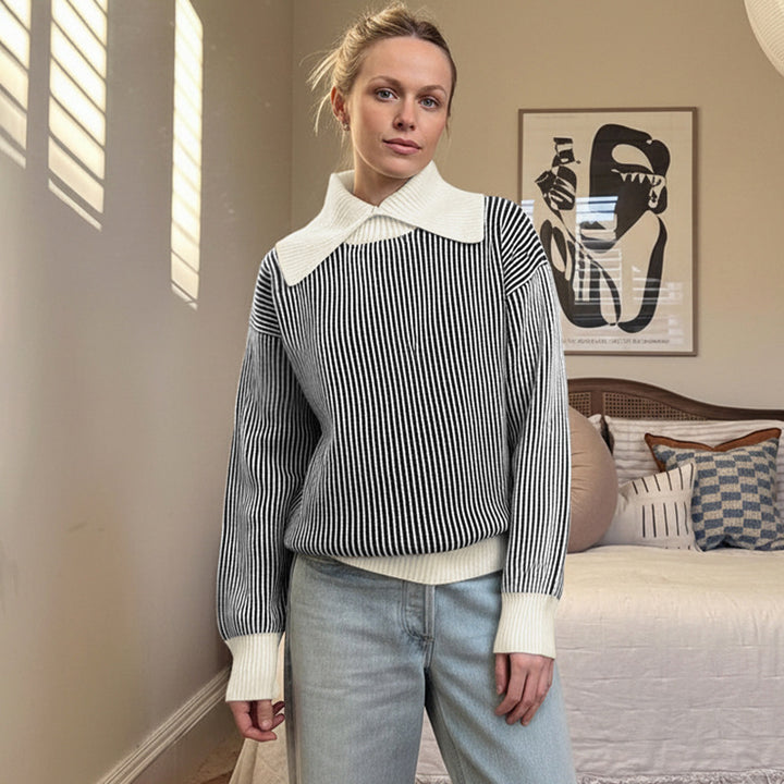 Dame sweater med fashionable stripe mønster og elegant krave Stilla