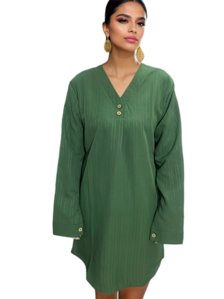 Damer V-hals Bluse med Fine Striber og Knap Detaljer Stilla