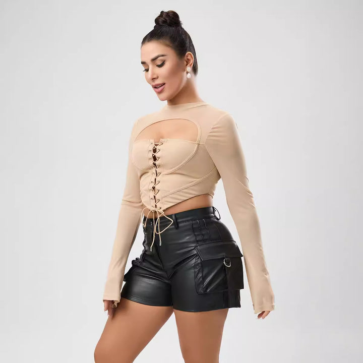 Dame trendy cropped top med cut-outs og snøring Stilla