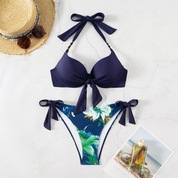 Dame triangel bikini sæt med legende snore og blomsterdesign Skovae