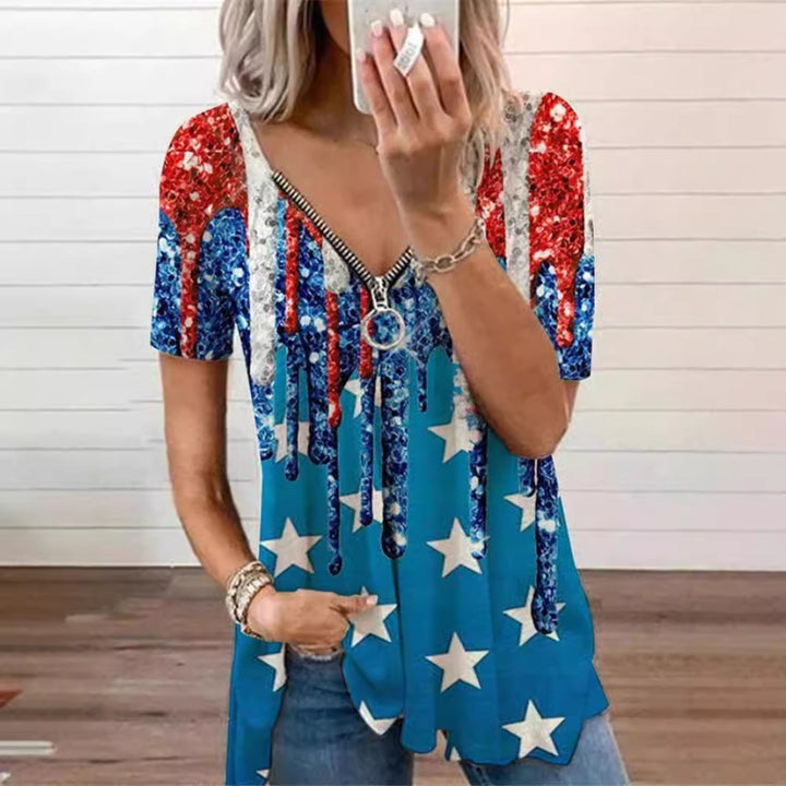 Dame T-shirt med dekorativ lynlås og glitrende Stars-and-Stripes-design Stilla