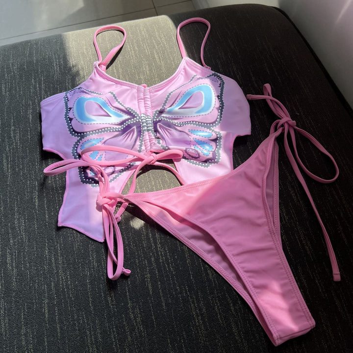 Dame bikini med legende sommerfugledesign og dyb udskæring Stilla