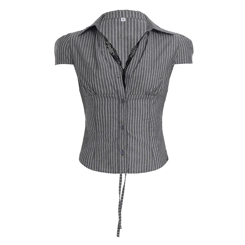 Damen elegantes Blusenshirt mit raffinierten Spitzenakzenten und modischem Streifenmuster Skovae