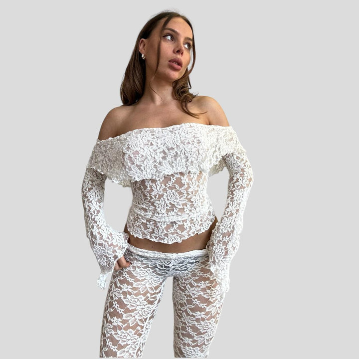 Dame lace crop top med brede ærmer og matchende bukser Skovae