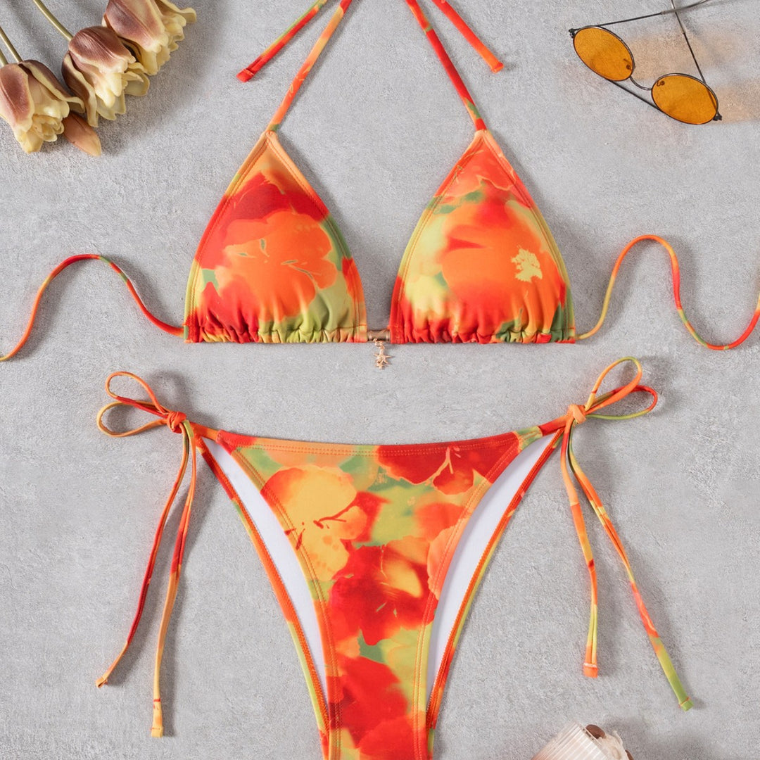 Dame Triangel-Bikini med blomstermotiv og justerbare bindebånd Skovae