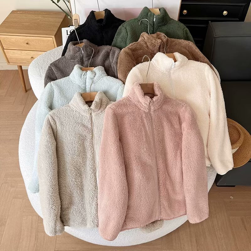 Kvinder Fluffy Fleece Jakke med Høj Krave og Lynlås Stilla