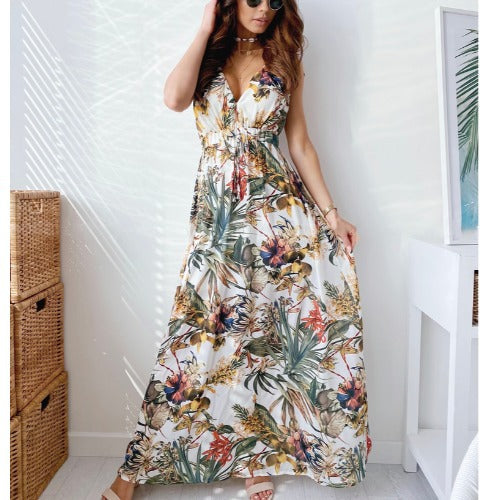 Kvinder Tropical Print Maxi Kjole med justerbart Bindebælte Stilla