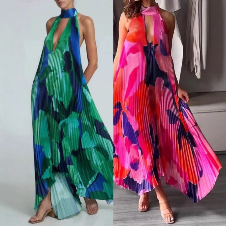 Dame Plissé Halter Maxikjole med Blomsterdesign Stilla