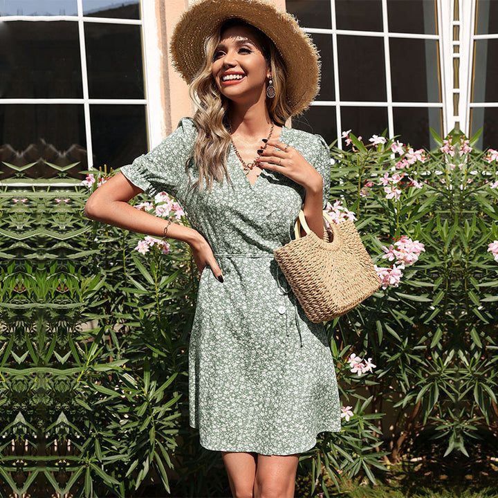 Dame Floral Wrap Kjole med Knaplukning Stilla