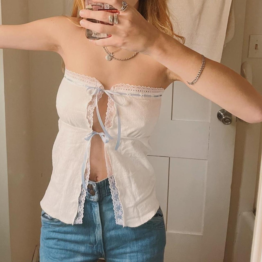 Dame Off-Shoulder Top med spidse dekorationer og legende knude Skovae